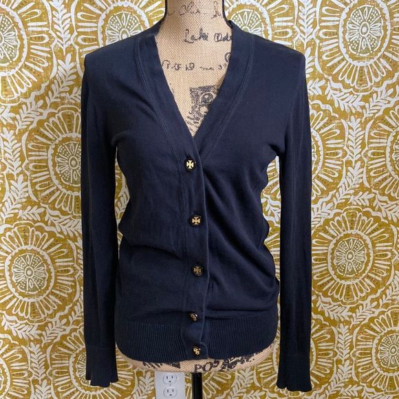 Tory Burch Simone Black Long Sleeve Button Front Cotton Cardigan size S - Picture 2 of 10